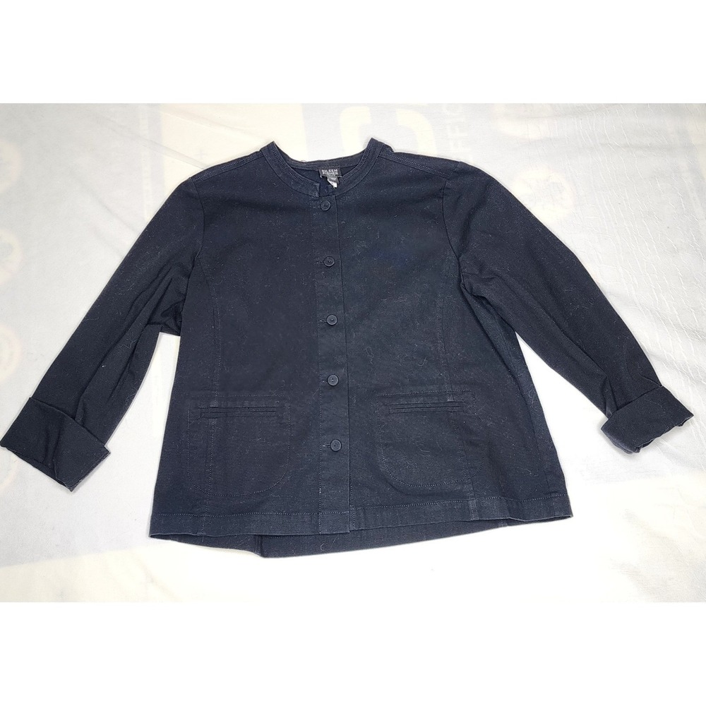Eileen Fisher Petite Medium Black Cotton Blend Button Front Jacket Blazer PM